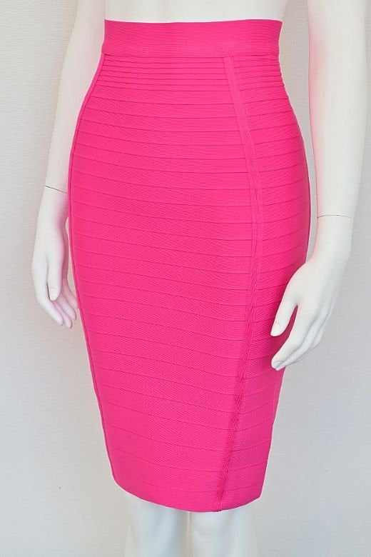 Woman wearing a figure flattering  Pencil High Waist Bandage Knee Length Knitted Skirt - Hot Pink BODYCON COLLECTION