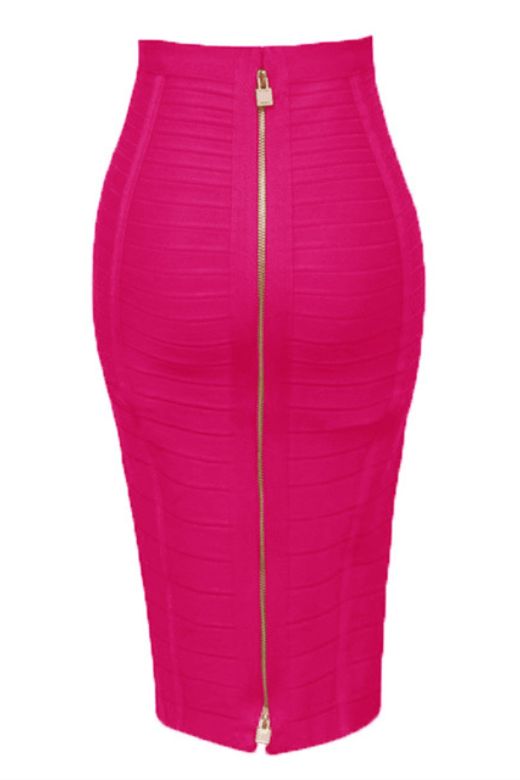 Woman wearing a figure flattering  Pencil High Waist Bandage Knee Length Knitted Skirt - Hot Pink BODYCON COLLECTION