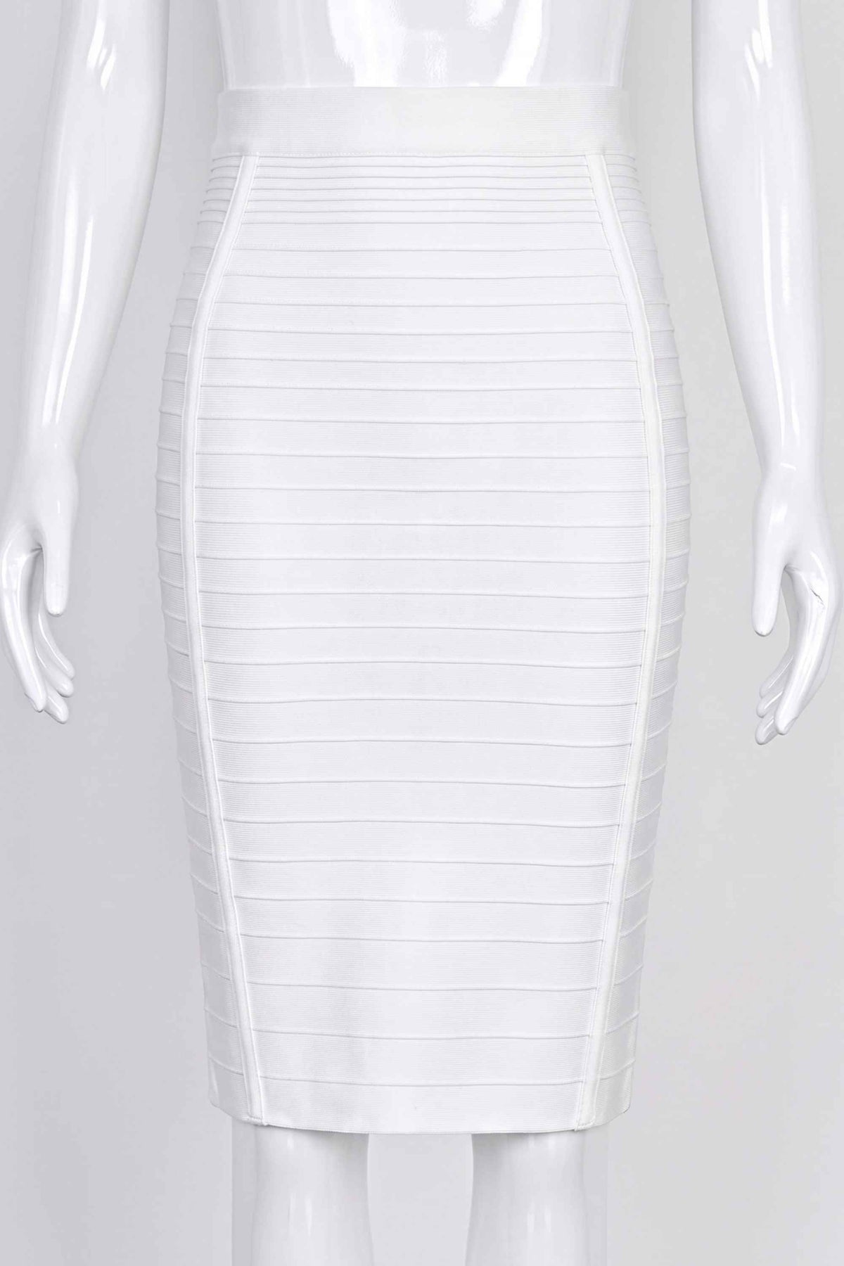 Woman wearing a figure flattering  Pencil High Waist Bandage Knee Length Knitted Skirt - Pearl White BODYCON COLLECTION