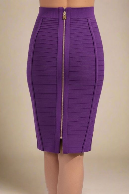 Woman wearing a figure flattering  Pencil High Waist Bandage Knee Length Knitted Skirt - Plum Purple BODYCON COLLECTION