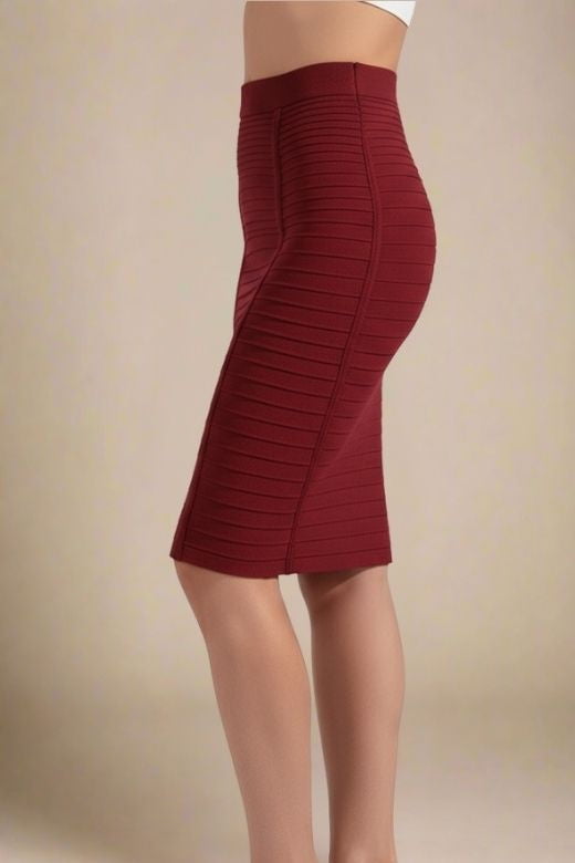 Woman wearing a figure flattering  Pencil High Waist Bandage Knee Length Knitted Skirt - Red Wine BODYCON COLLECTION