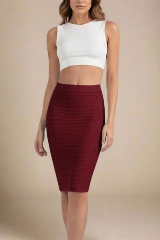 Woman wearing a figure flattering  Pencil High Waist Bandage Knee Length Knitted Skirt - Red Wine BODYCON COLLECTION