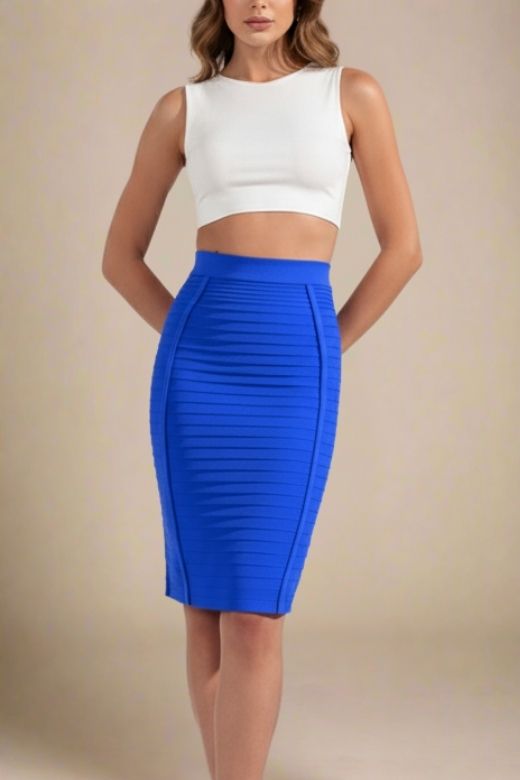 Woman wearing a figure flattering  Pencil High Waist Bandage Knee Length Knitted Skirt - Royal Blue BODYCON COLLECTION