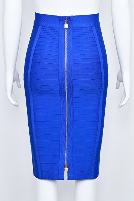 Woman wearing a figure flattering  Pencil High Waist Bandage Knee Length Knitted Skirt - Royal Blue BODYCON COLLECTION