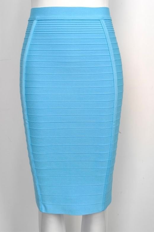 Woman wearing a figure flattering  Pencil High Waist Bandage Knee Length Knitted Skirt - Sky Blue BODYCON COLLECTION