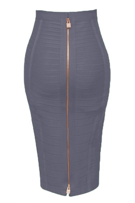 Woman wearing a figure flattering  Pencil High Waist Bandage Knee Length Knitted Skirt - Steel Grey BODYCON COLLECTION