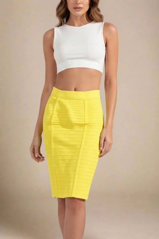 Woman wearing a figure flattering  Pencil High Waist Bandage Knee Length Knitted Skirt - Sun Yellow BODYCON COLLECTION