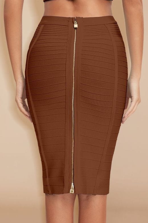 Woman wearing a figure flattering  Pencil High Waist Bandage Knee Length Knitted Skirt - Tan Brown BODYCON COLLECTION