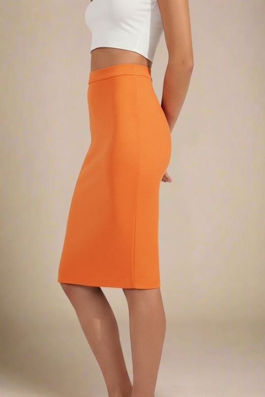 Woman wearing a figure flattering  Pencil High Waist Bandage Knee Length Skirt - Apricot Orange BODYCON COLLECTION