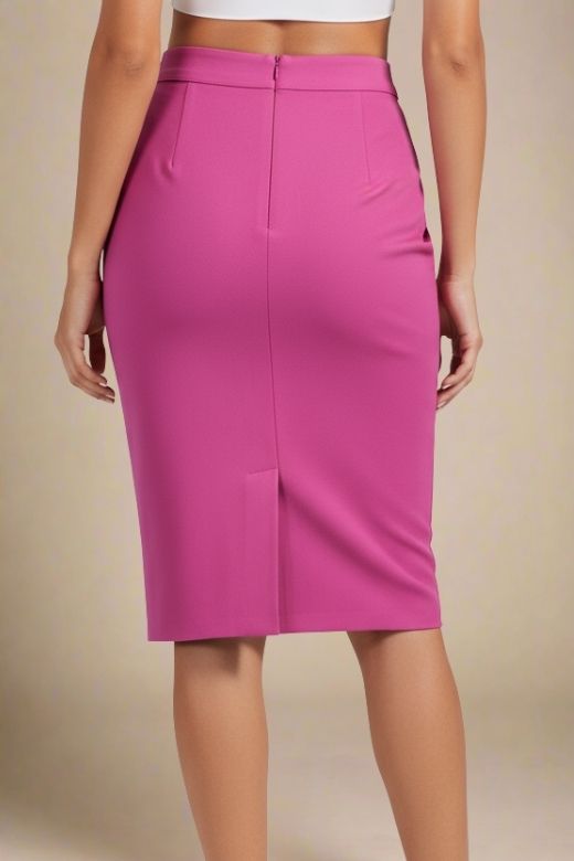 Woman wearing a figure flattering  Pencil High Waist Bandage Knee Length Skirt - Magenta Pink BODYCON COLLECTION