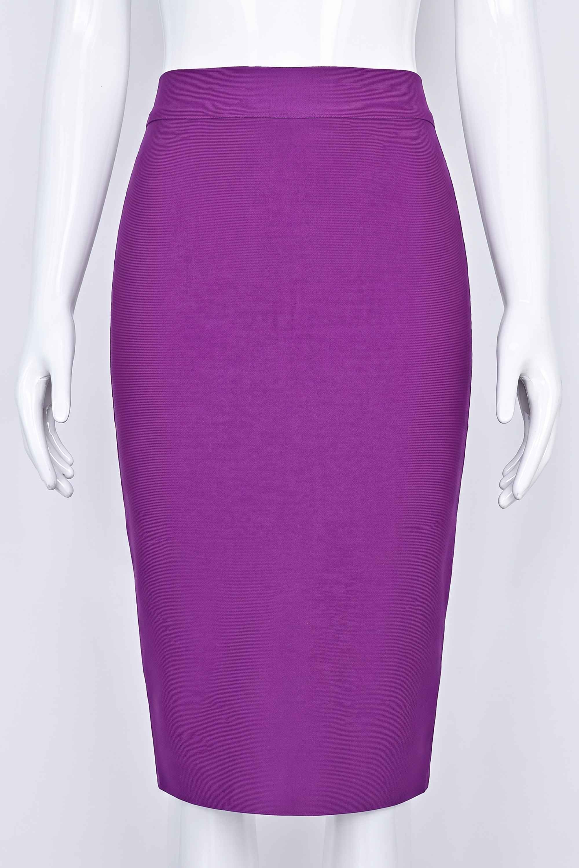 Woman wearing a figure flattering  Pencil High Waist Bandage Knee Length Skirt - Plum Purple BODYCON COLLECTION