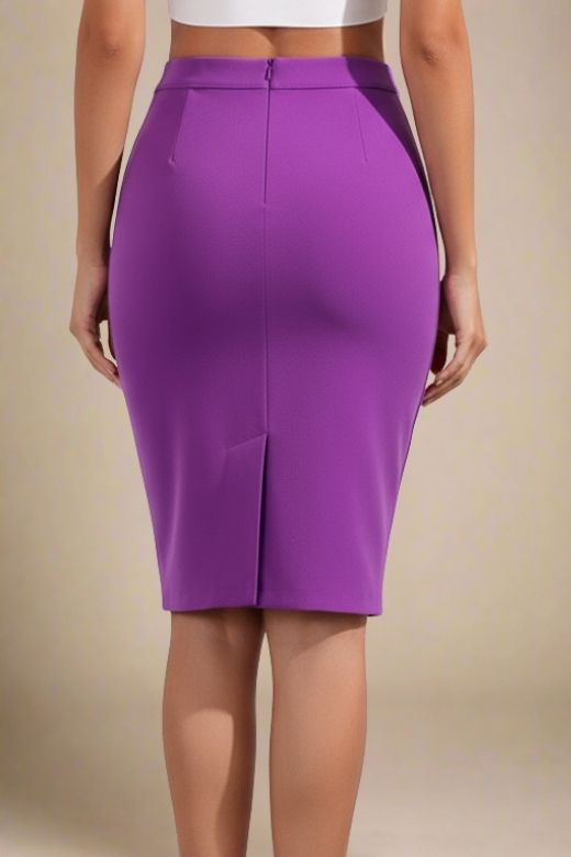 Woman wearing a figure flattering  Pencil High Waist Bandage Knee Length Skirt - Plum Purple BODYCON COLLECTION