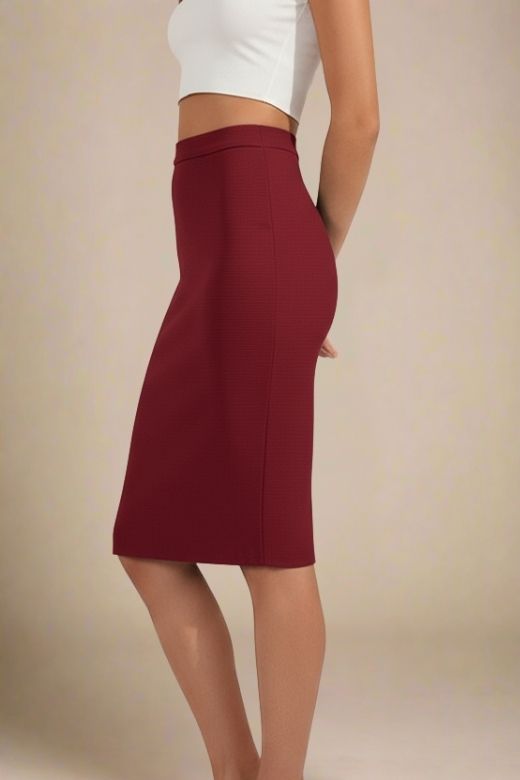 Woman wearing a figure flattering  Pencil High Waist Bandage Knee Length Skirt - Red Wine BODYCON COLLECTION
