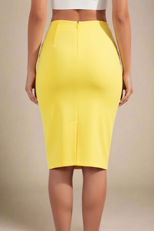 Woman wearing a figure flattering  Pencil High Waist Bandage Knee Length Skirt - Sun Yellow BODYCON COLLECTION