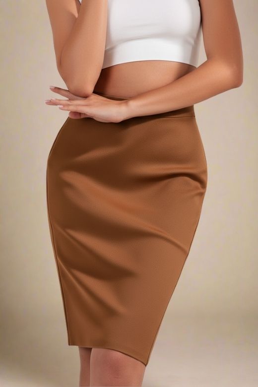Woman wearing a figure flattering  Pencil High Waist Bandage Knee Length Skirt - Tan Brown BODYCON COLLECTION