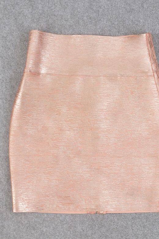 Woman wearing a figure flattering  Pencil High Waist Bandage Metallic Mini Skirt - Baby Pink BODYCON COLLECTION