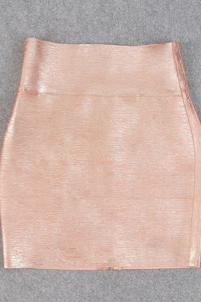 Woman wearing a figure flattering  Pencil High Waist Bandage Metallic Mini Skirt - Baby Pink BODYCON COLLECTION