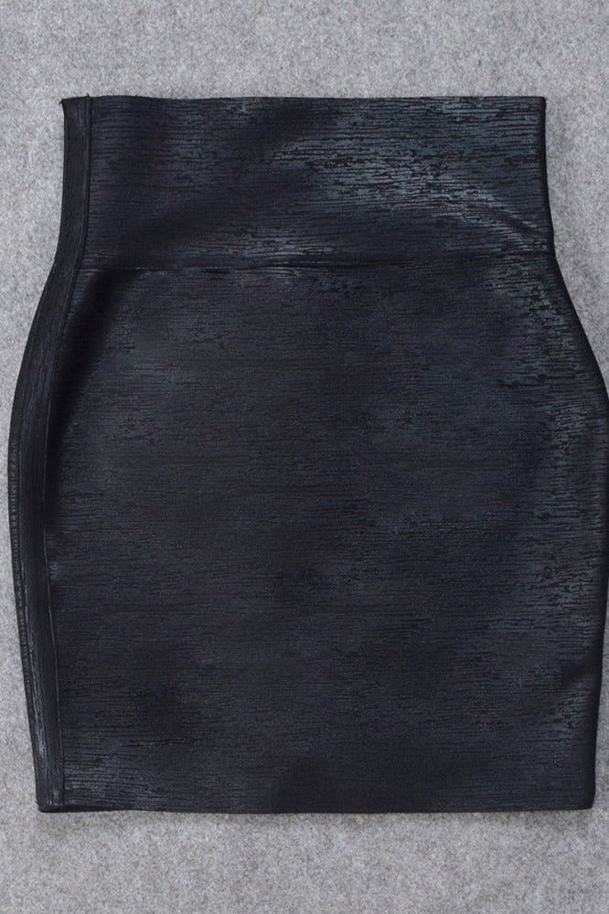 Woman wearing a figure flattering  Pencil High Waist Bandage Metallic Mini Skirt - Classic Black BODYCON COLLECTION