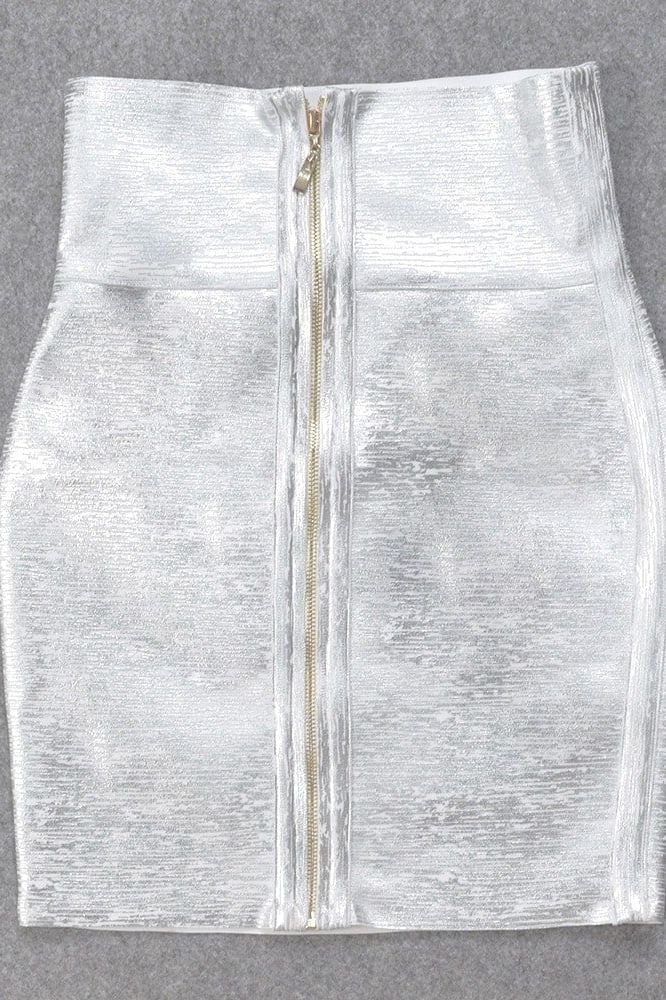 Woman wearing a figure flattering  Pencil High Waist Bandage Metallic Mini Skirt - Silver BODYCON COLLECTION