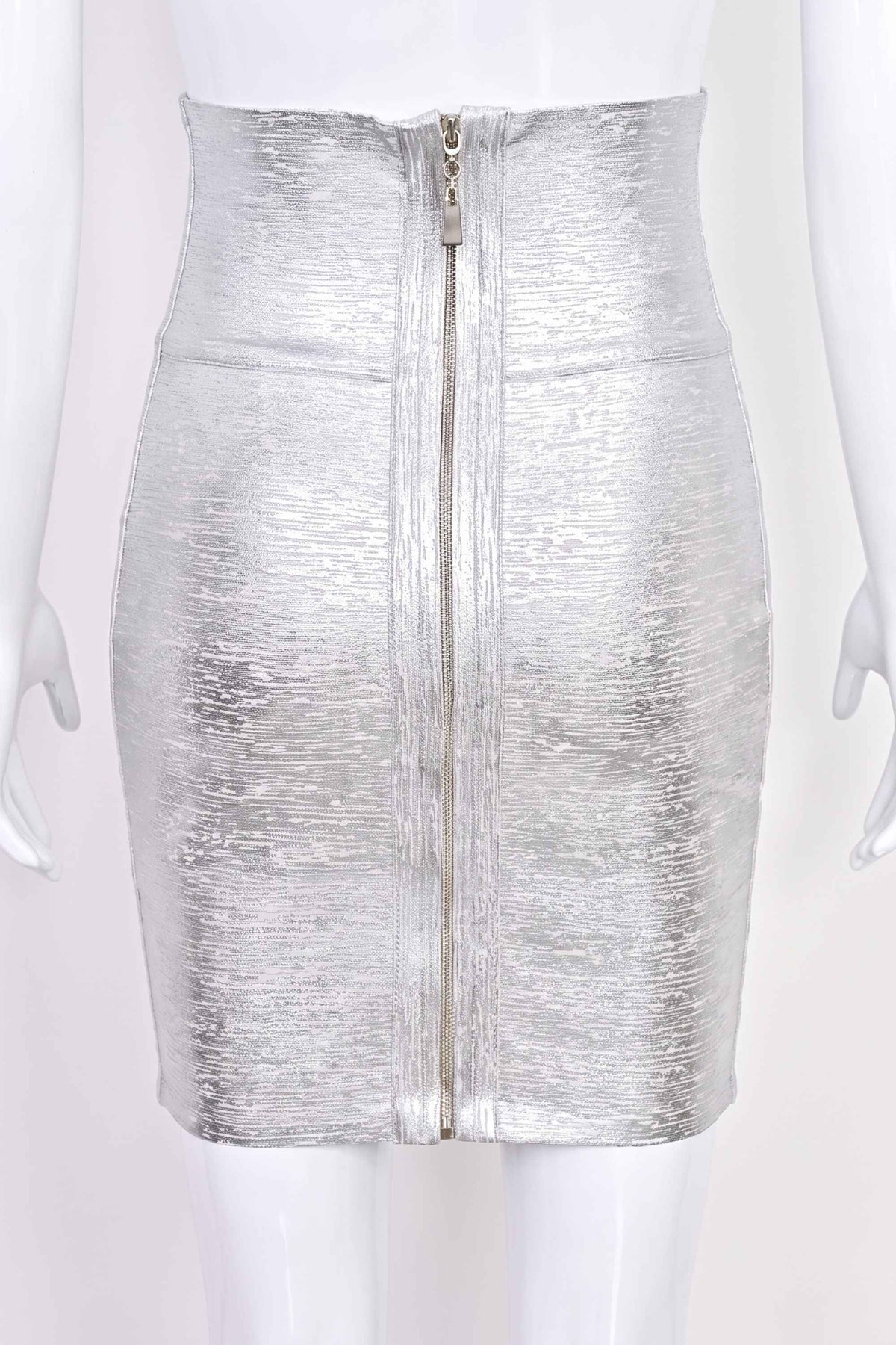 Woman wearing a figure flattering  Pencil High Waist Bandage Metallic Mini Skirt - Silver BODYCON COLLECTION