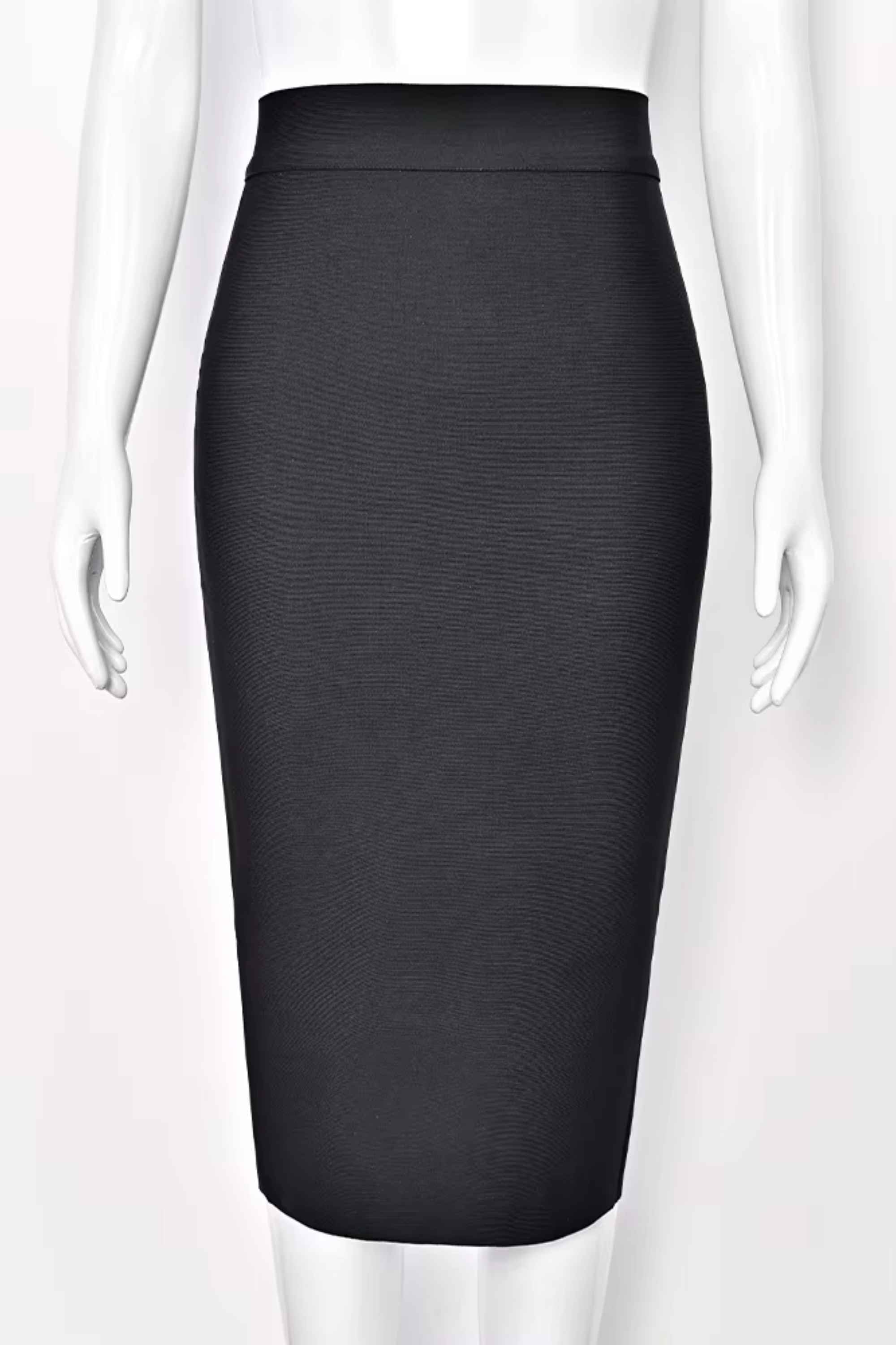 Woman wearing a figure flattering  Pencil High Waist Bandage Midi Skirt - Classic Black BODYCON COLLECTION