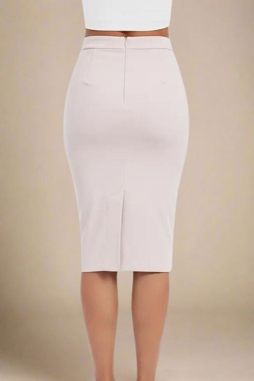 Woman wearing a figure flattering  Pencil High Waist Bandage Midi Skirt - Cream BODYCON COLLECTION