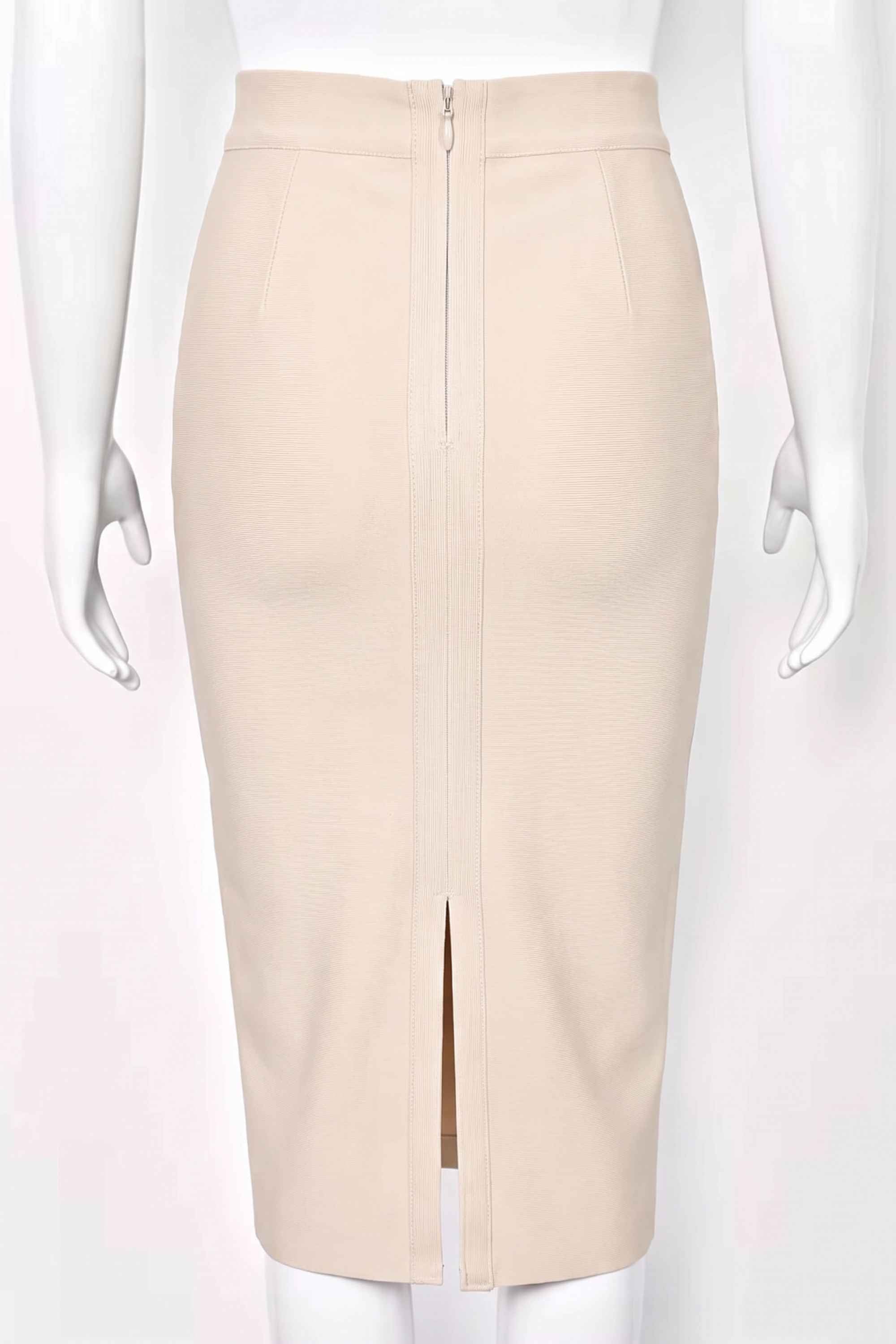 Woman wearing a figure flattering  Pencil High Waist Bandage Midi Skirt - Cream BODYCON COLLECTION
