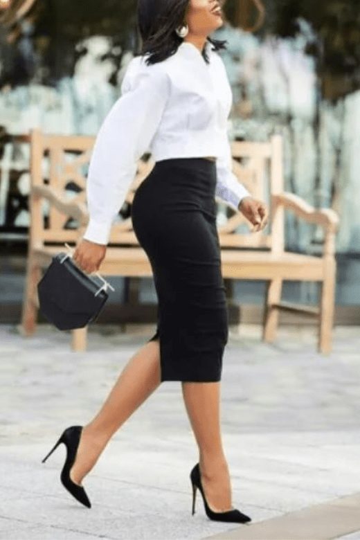 Woman wearing a figure flattering  Pencil High Waist Bandage Midi Skirt - Cream BODYCON COLLECTION