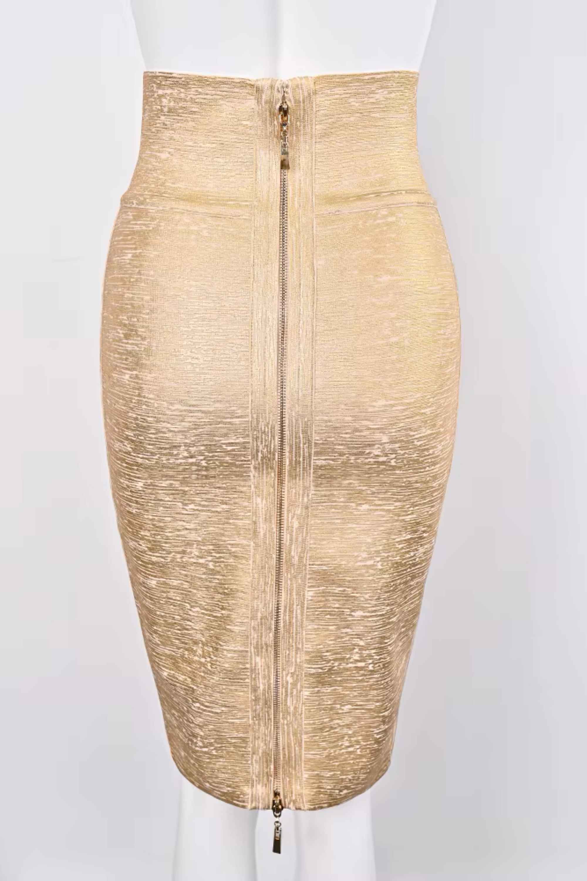 Woman wearing a figure flattering  Pencil High Waist Bandage Midi Skirt - Gold BODYCON COLLECTION
