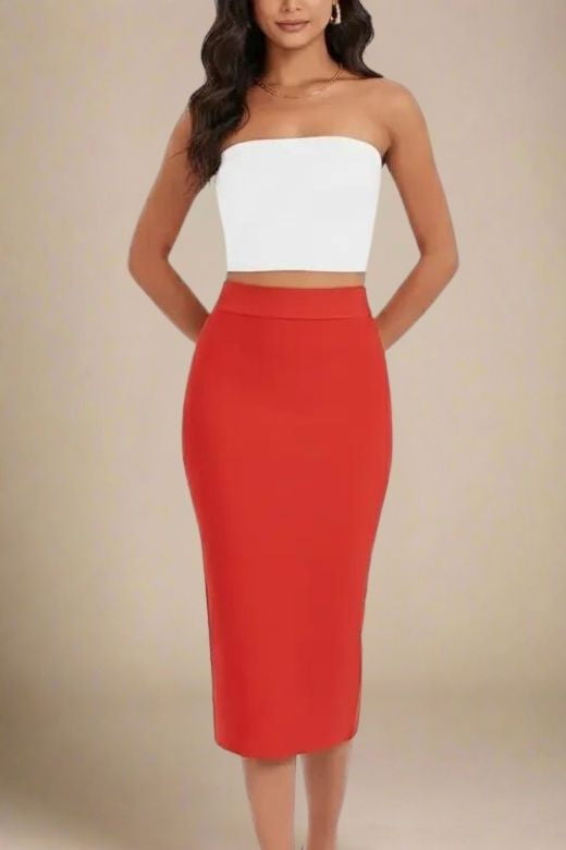 Woman wearing a figure flattering  Pencil High Waist Bandage Midi Skirt - Lipstick Red BODYCON COLLECTION