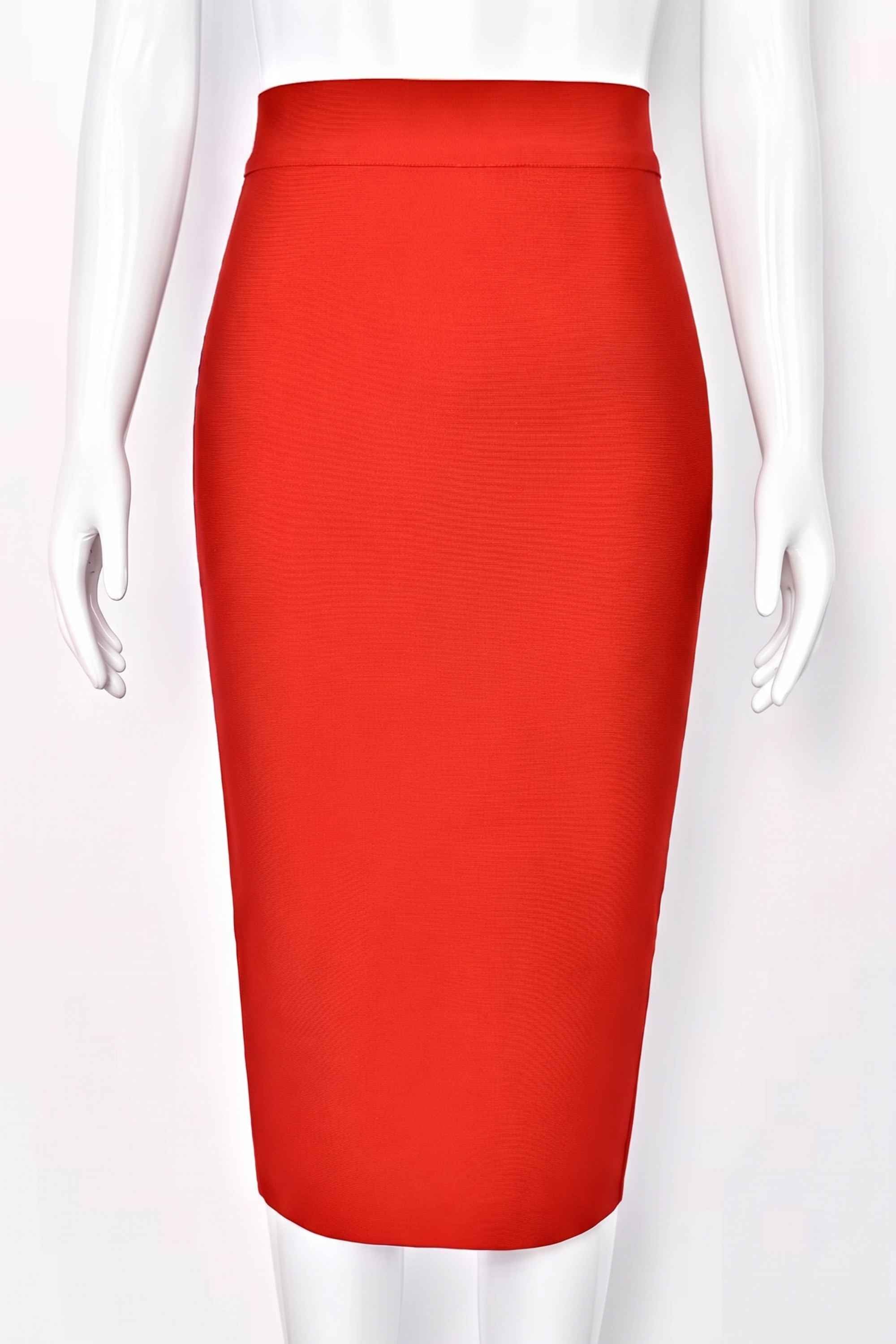 Woman wearing a figure flattering  Pencil High Waist Bandage Midi Skirt - Lipstick Red BODYCON COLLECTION
