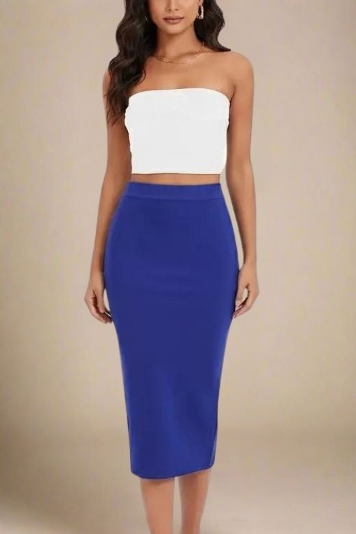 Woman wearing a figure flattering  Pencil High Waist Bandage Midi Skirt - Navy Blue BODYCON COLLECTION