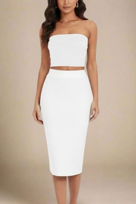 Woman wearing a figure flattering  Pencil High Waist Bandage Midi Skirt - Pearl White BODYCON COLLECTION