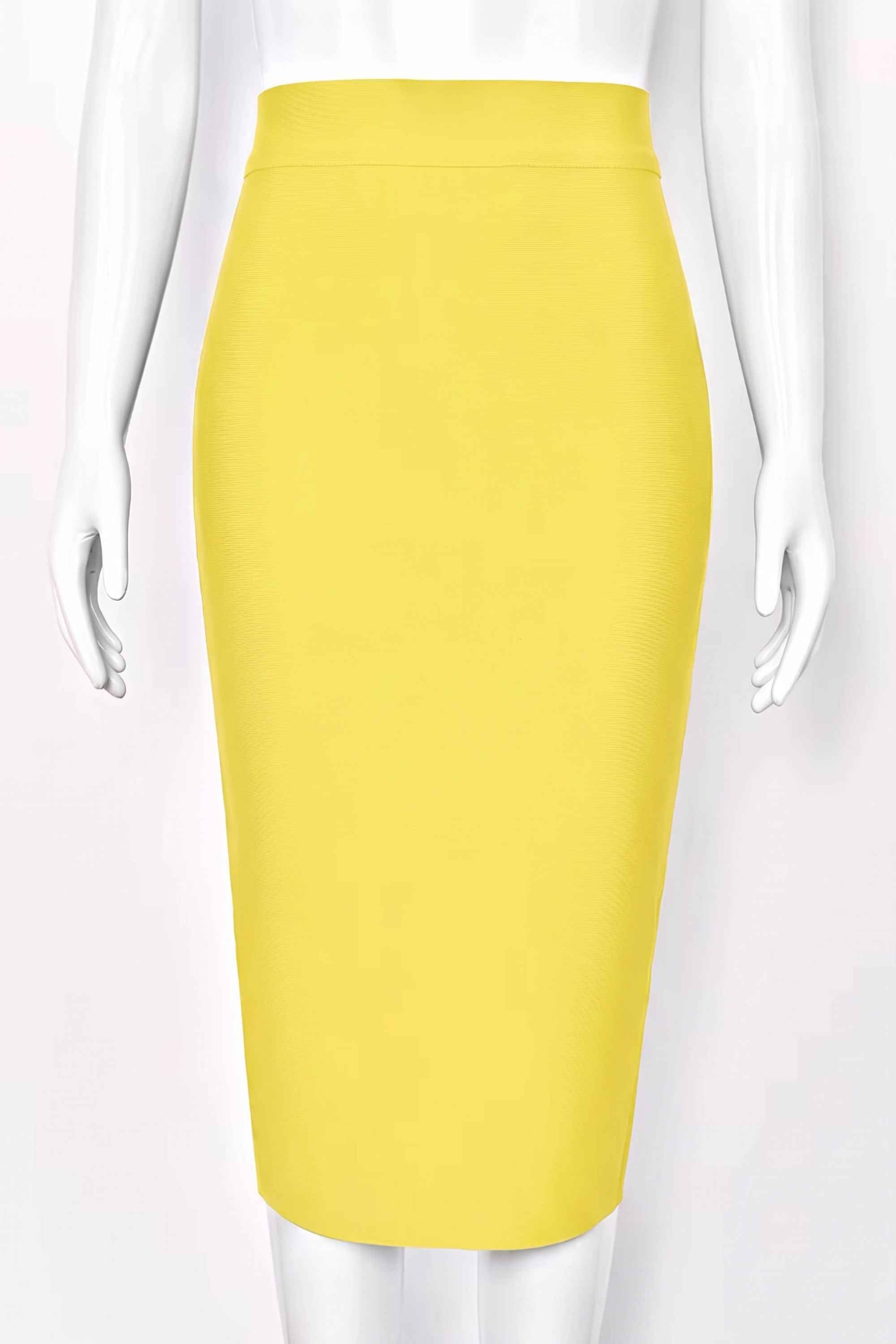 Woman wearing a figure flattering  Pencil High Waist Bandage Midi Skirt - Sun Yellow BODYCON COLLECTION