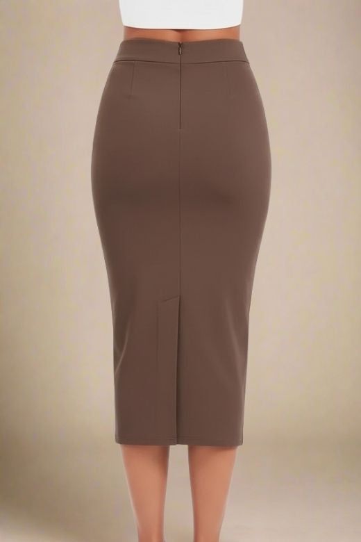 Woman wearing a figure flattering  Pencil High Waist Bandage Midi Skirt - Tan Brown BODYCON COLLECTION