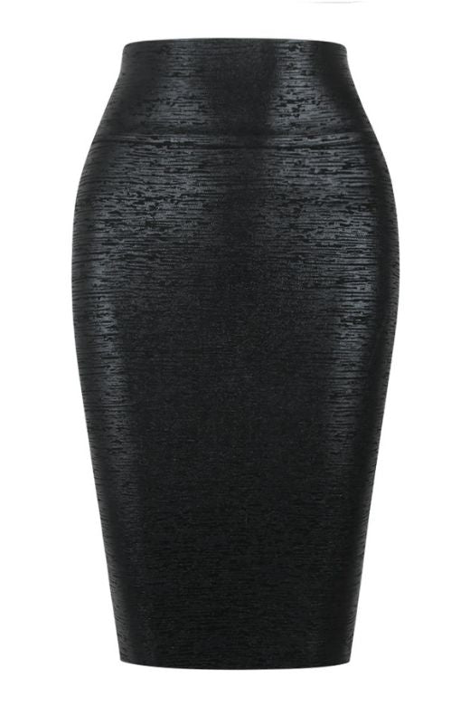 Woman wearing a figure flattering  Pencil High Waist Leather Metallic Midi Skirt - Classic Black BODYCON COLLECTION