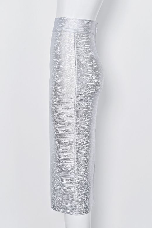 Woman wearing a figure flattering  Pencil High Waist Leather Metallic Midi Skirt - Silver BODYCON COLLECTION