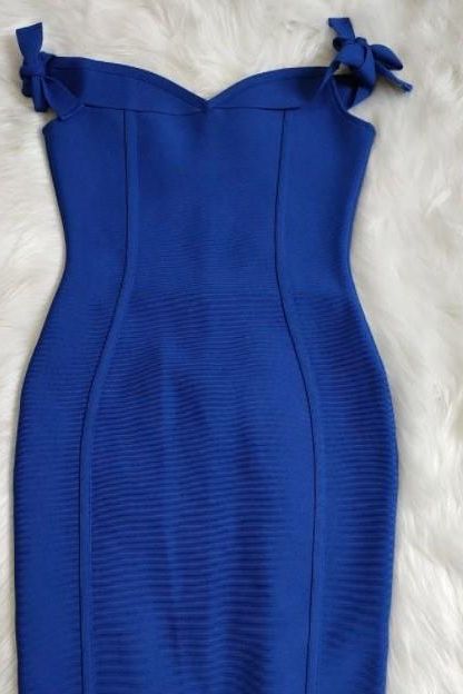 Woman wearing a figure flattering  Penelope Bandage Mini Dress - Royal Blue BODYCON COLLECTION