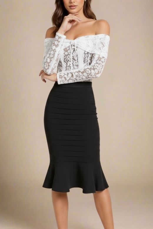 Woman wearing a figure flattering  Peplum High Waist Bandage Midi Skirt - Classic Black BODYCON COLLECTION