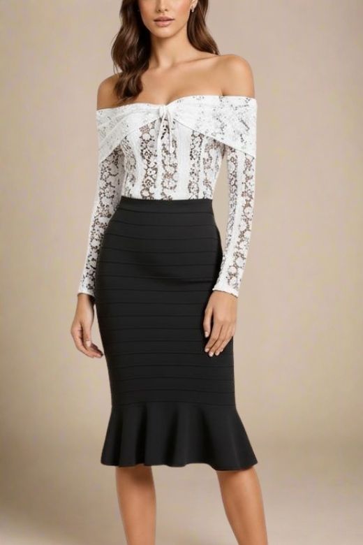 Woman wearing a figure flattering  Peplum High Waist Bandage Midi Skirt - Classic Black BODYCON COLLECTION
