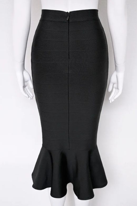 Woman wearing a figure flattering  Peplum High Waist Bandage Midi Skirt - Classic Black BODYCON COLLECTION
