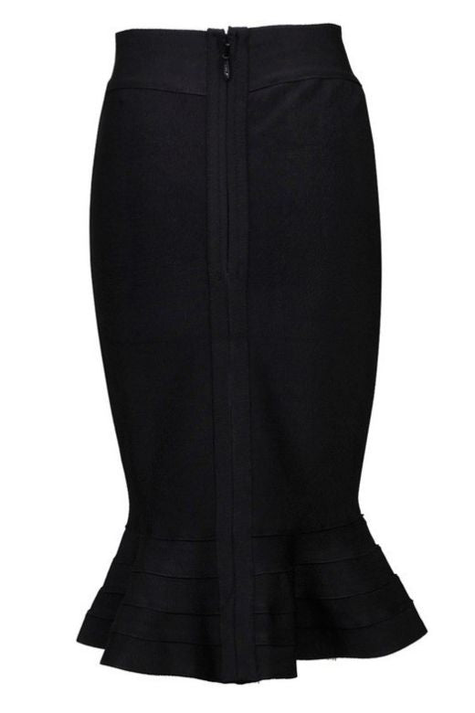 Woman wearing a figure flattering  Peplum High Waist Bandage Midi Skirt - Classic Black BODYCON COLLECTION