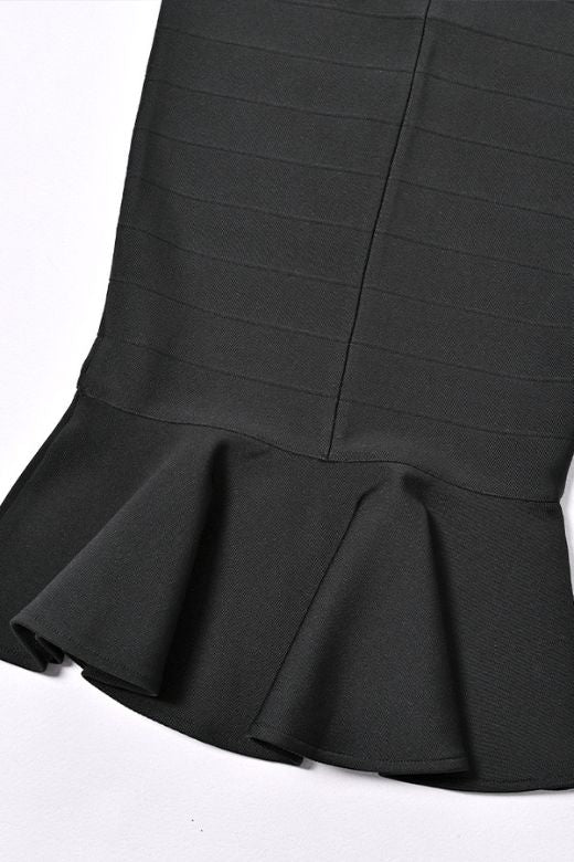 Woman wearing a figure flattering  Peplum High Waist Bandage Midi Skirt - Classic Black BODYCON COLLECTION