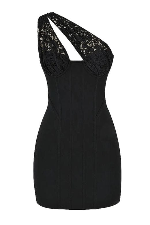 Woman wearing a figure flattering  Peta Bodycon Lace Mini Dress - Classic Black BODYCON COLLECTION