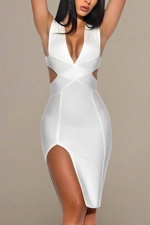 Woman wearing a figure flattering  Pia Bandage Dress - Pearl White BODYCON COLLECTION