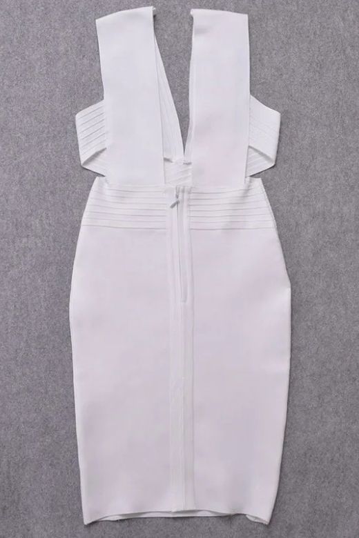 Woman wearing a figure flattering  Pia Bandage Dress - White Pearl BODYCON COLLECTION