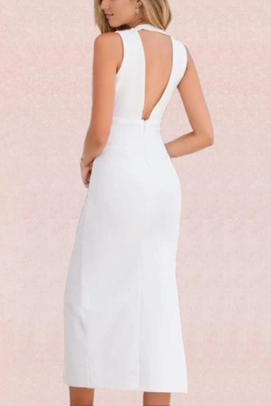 Woman wearing a figure flattering  Pia Bandage Midi Dress - Pearl White BODYCON COLLECTION