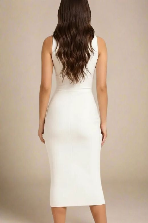 Woman wearing a figure flattering  Pia Bandage Midi Dress - Pearl White BODYCON COLLECTION