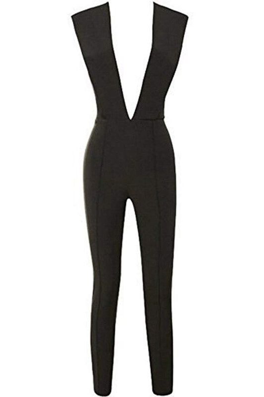 Woman wearing a figure flattering  Pia Bandage Pants Jumpsuit - Classic Black BODYCON COLLECTION