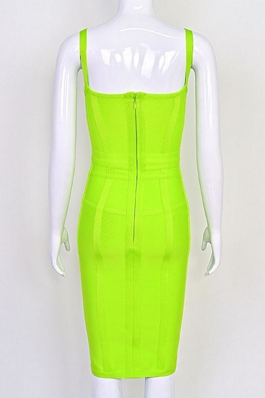 Woman wearing a figure flattering  Pip Bandage Corset Dress - Neon Green Bodycon Collection